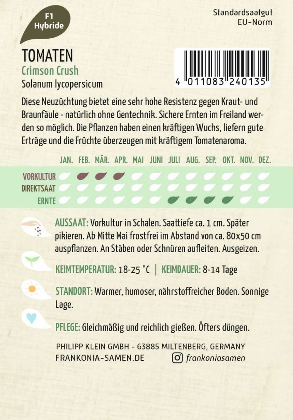 Rückseite der Verpackung des Saatgutes Tomate, Crimson Crush F1 der Firma Frankonia Samen von ihrgartenberater.de