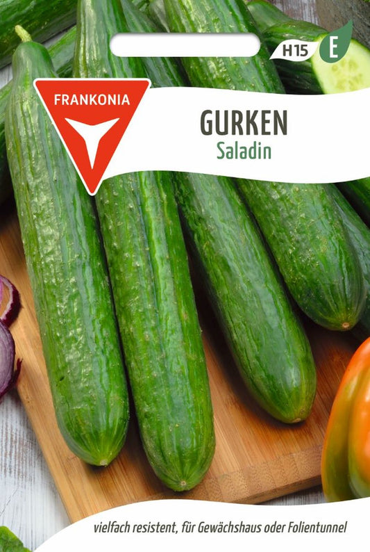 Vorderseite der Verpackung des Saatgutes Salatgurke, Saladin F1 der Firma Frankonia Samen von ihrgartenberater.de