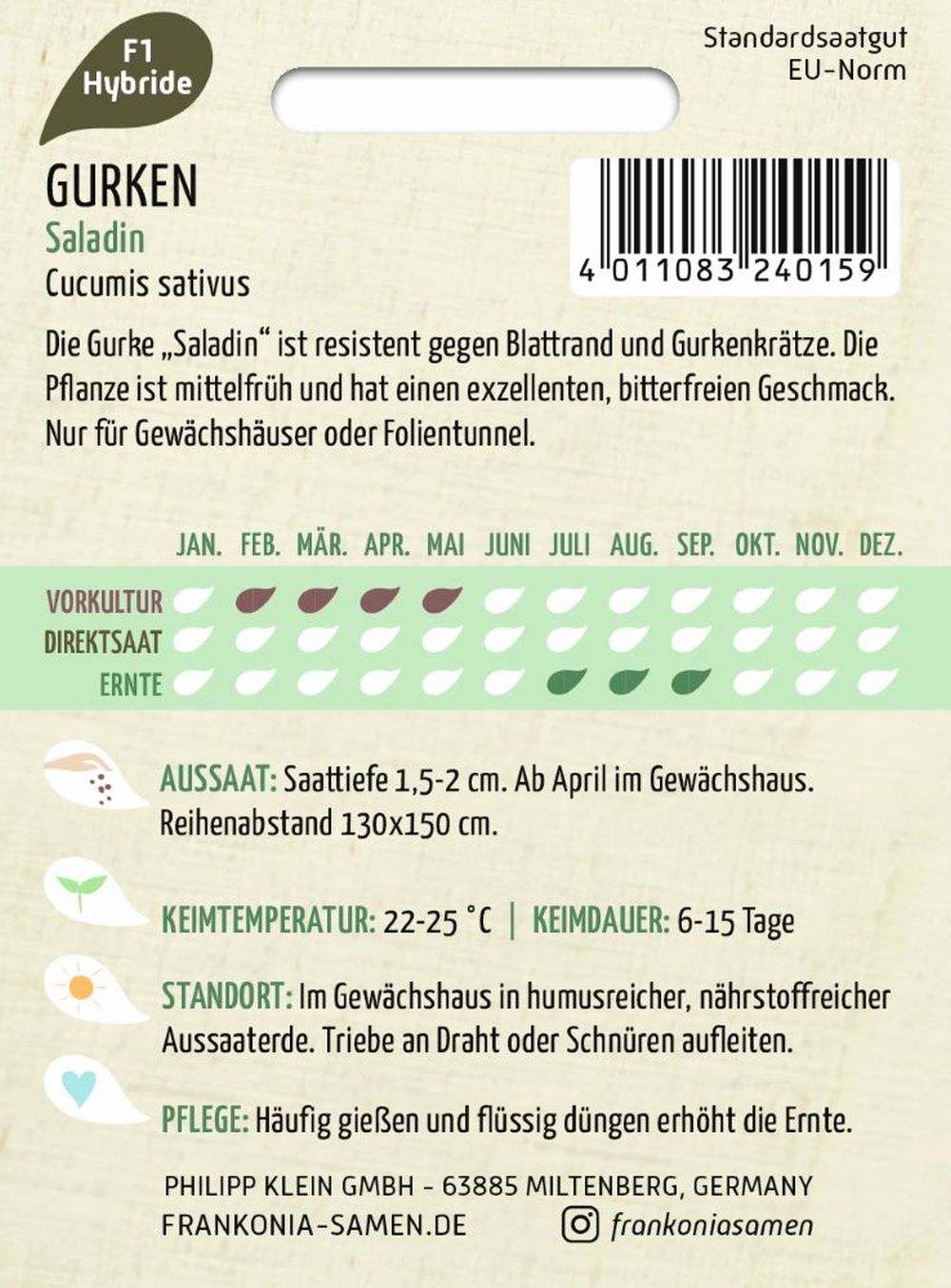 Rückseite der Verpackung des Saatgutes Salatgurke, Saladin F1 der Firma Frankonia Samen von ihrgartenberater.de