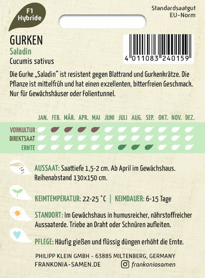 Rückseite der Verpackung des Saatgutes Salatgurke, Saladin F1 der Firma Frankonia Samen von ihrgartenberater.de