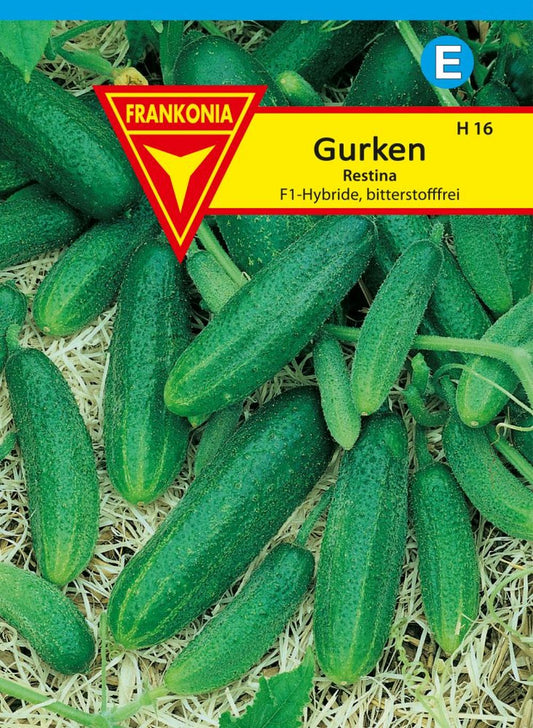 Vorderseite der Verpackung des Saatgutes Einlegegurke, Restina F1 der Firma Frankonia Samen von ihrgartenberater.de