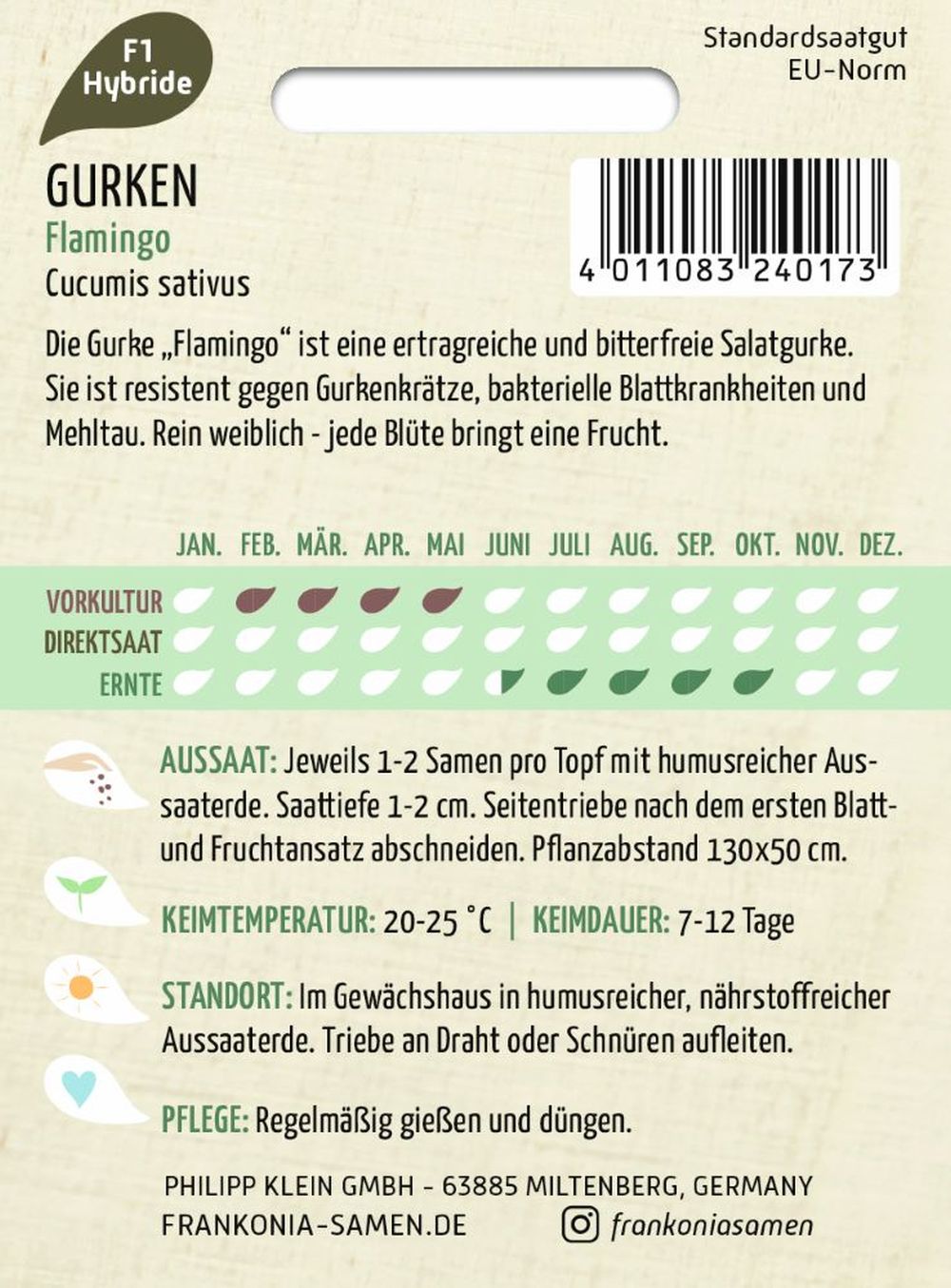 Rückseite der Verpackung des Saatgutes Salatgurke, Flamingo F1 der Firma Frankonia Samen von ihrgartenberater.de