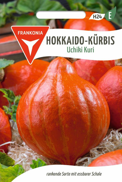 Vorderseite der Verpackung des Saatgutes Hokkaido Kürbis, Uchiki Kuri der Firma Frankonia Samen von ihrgartenberater.de