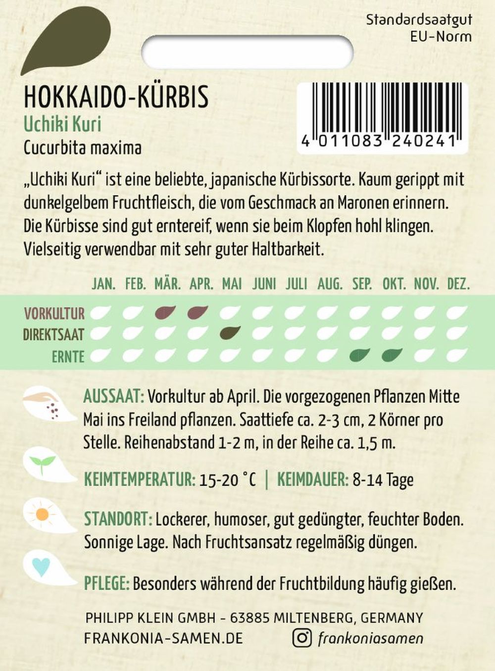 Rückseite der Verpackung des Saatgutes Hokkaido Kürbis, Uchiki Kuri der Firma Frankonia Samen von ihrgartenberater.de