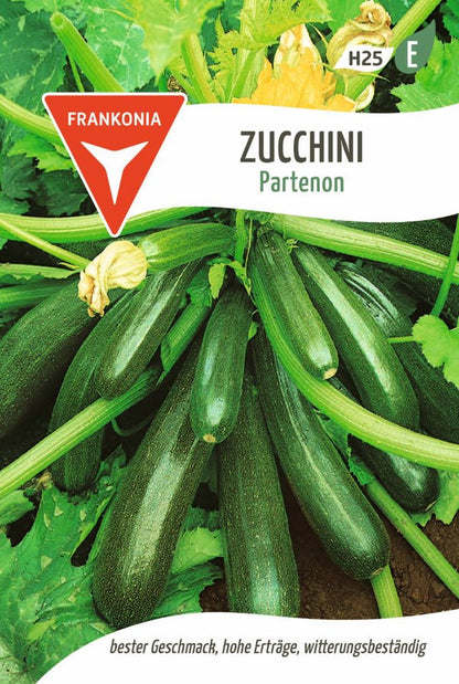 Vorderseite der Verpackung des Saatgutes Zucchini, Partenon F1 der Firma Frankonia Samen von ihrgartenberater.de