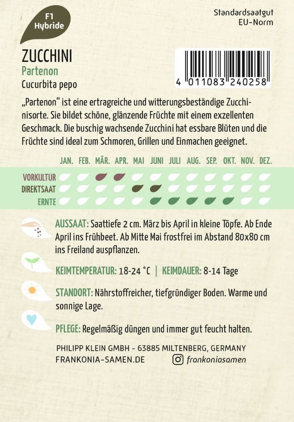 Rückseite der Verpackung des Saatgutes Zucchini, Partenon F1 der Firma Frankonia Samen von ihrgartenberater.de