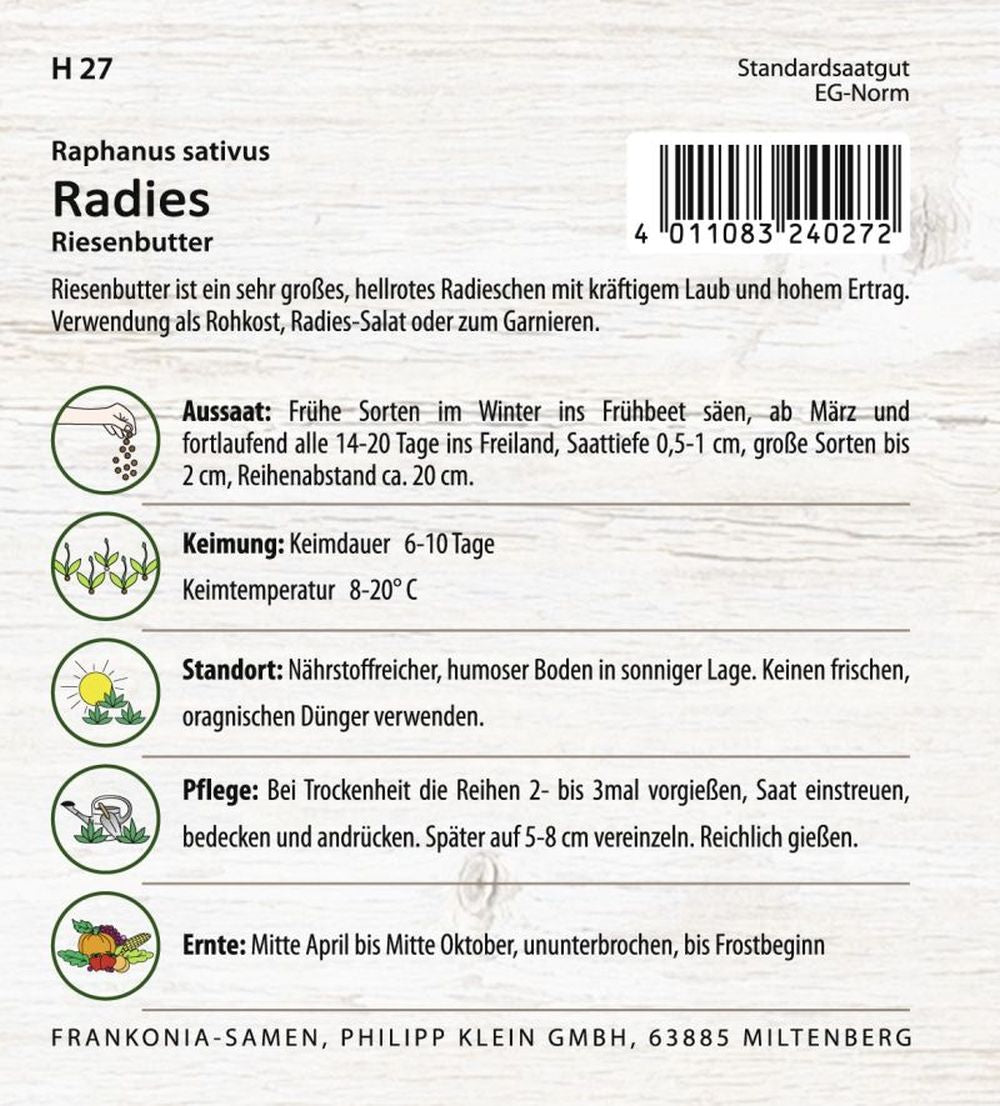 Rückseite der Verpackung des Saatgutes Radies, Riesenbutter Großpackung der Firma Frankonia Samen von ihrgartenberater.de