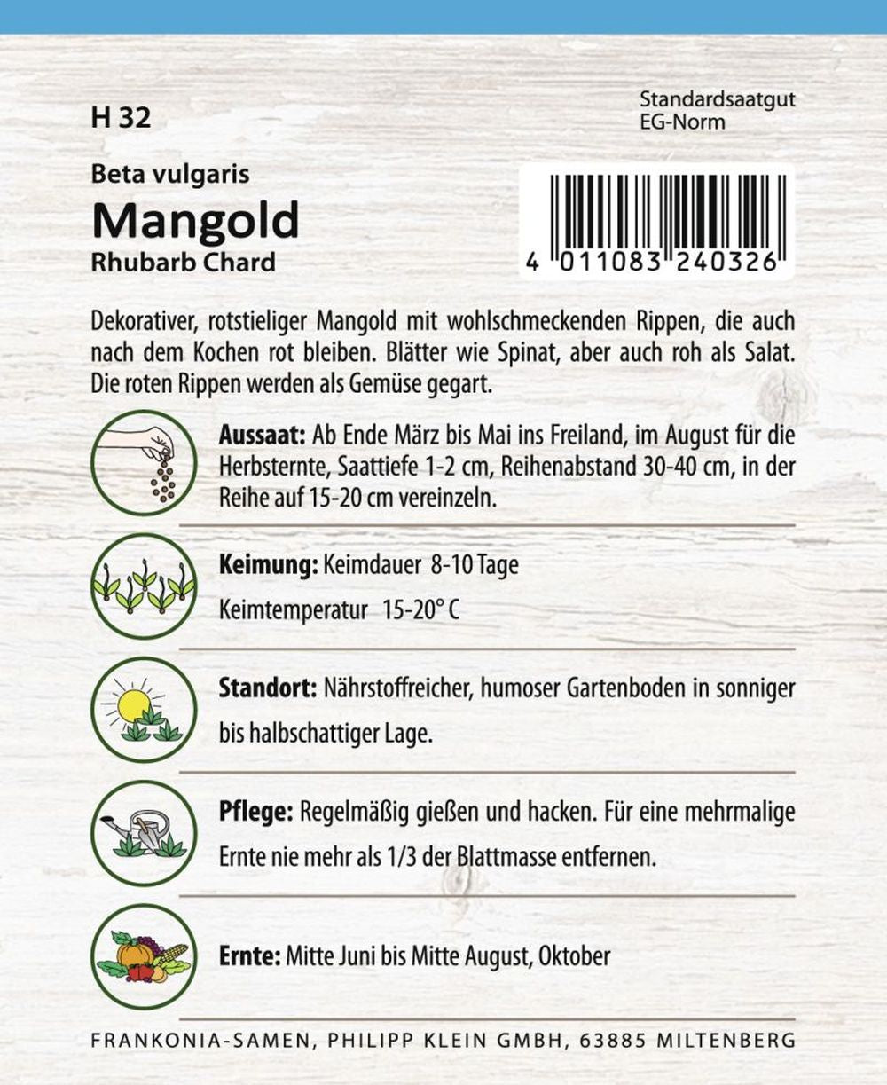 Rückseite der Verpackung des Saatgutes Mangold, Rhubarb Chard der Firma Frankonia Samen von ihrgartenberater.de