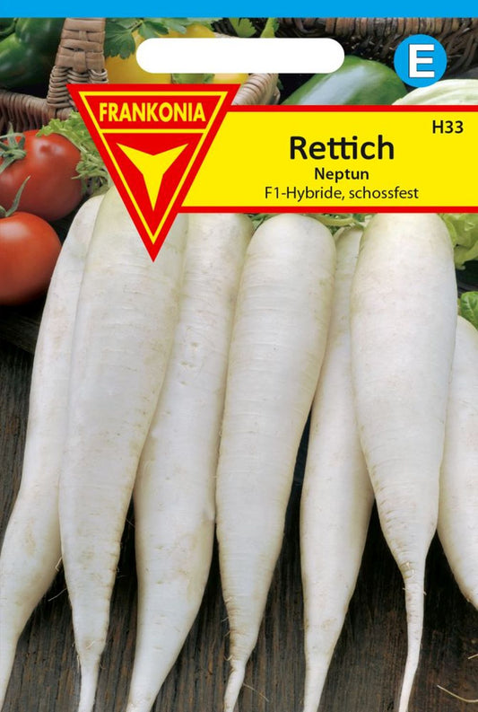 Vorderseite der Verpackung des Saatgutes Rettich, Neptun F1 der Firma Frankonia Samen von ihrgartenberater.de