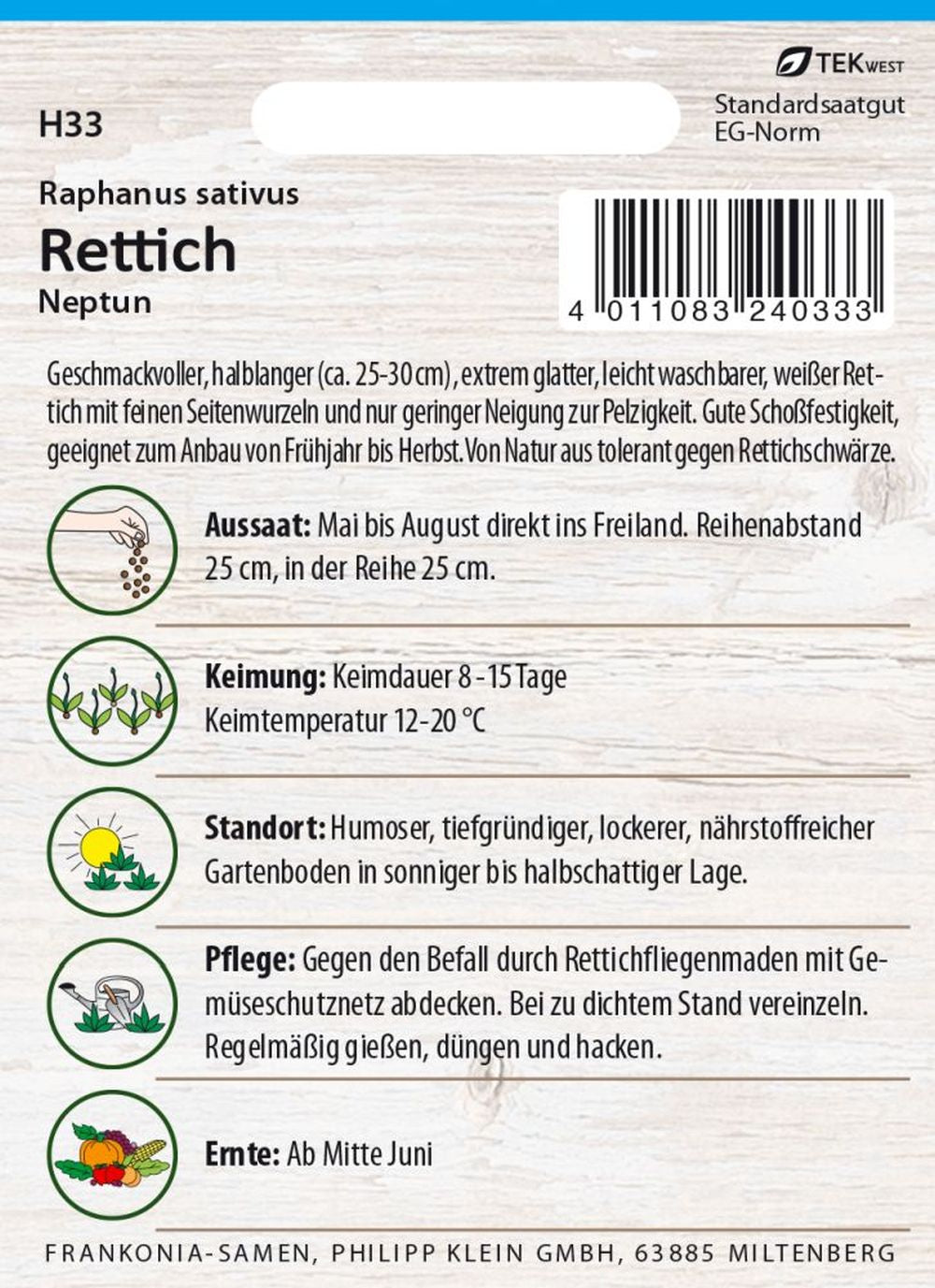 Rückseite der Verpackung des Saatgutes Rettich, Neptun F1 der Firma Frankonia Samen von ihrgartenberater.de