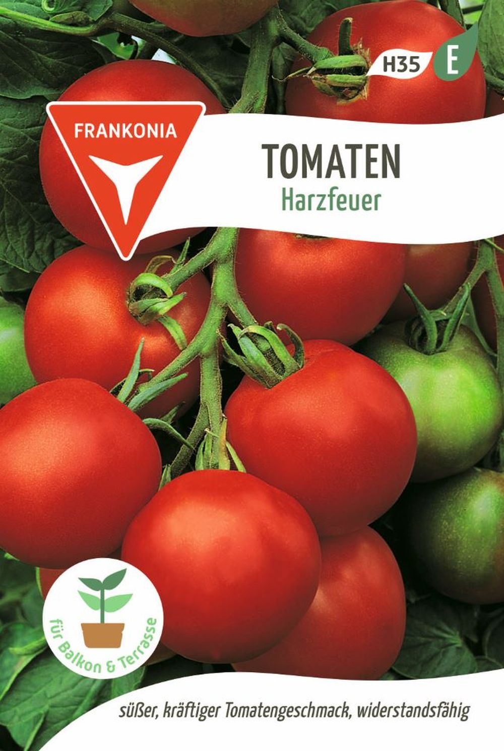 Vorderseite der Verpackung des Saatgutes Stabtomate, Harzfeuer F1 der Firma Frankonia Samen von ihrgartenberater.de