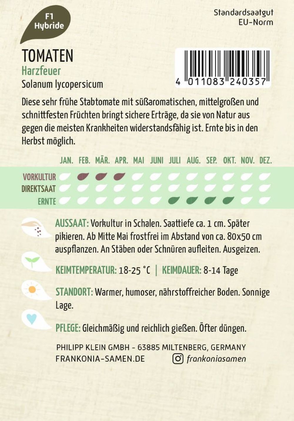 Rückseite der Verpackung des Saatgutes Stabtomate, Harzfeuer F1 der Firma Frankonia Samen von ihrgartenberater.de