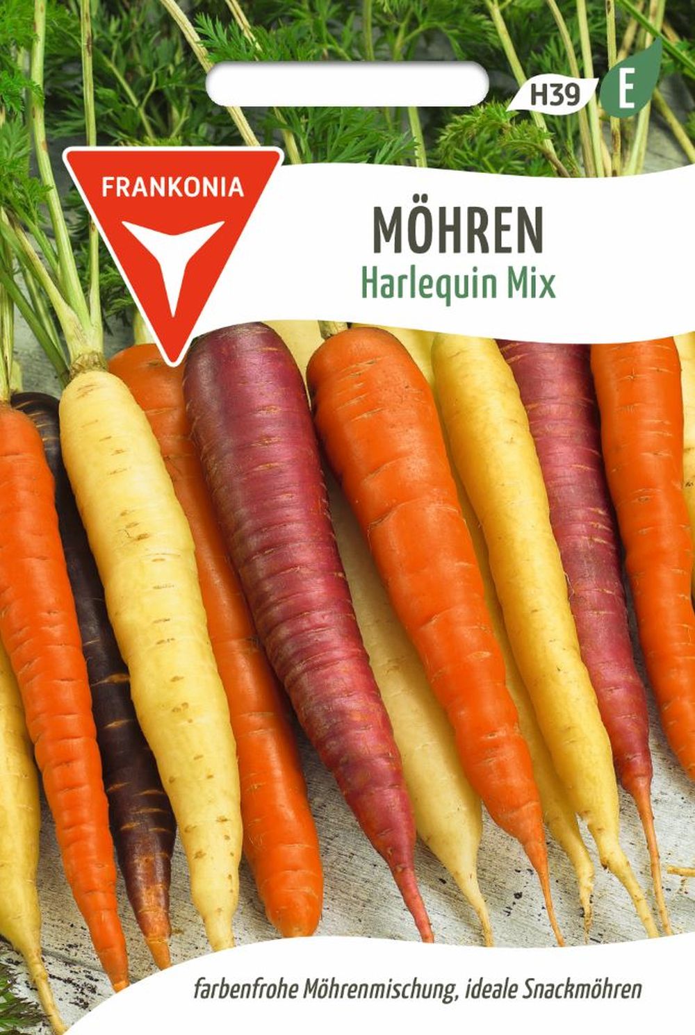 Vorderseite der Verpackung des Saatgutes Möhre, Harlequin Mix F1 der Firma Frankonia Samen von ihrgartenberater.de