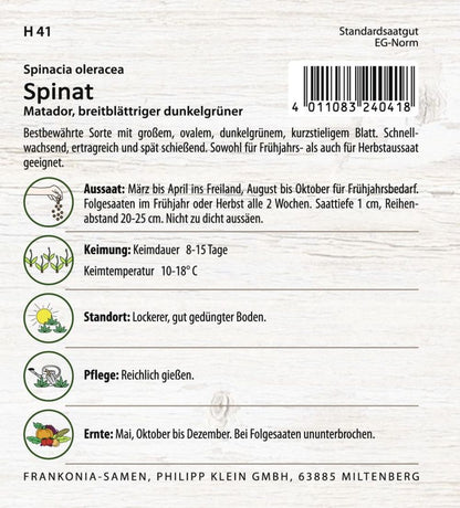 Rückseite der Verpackung des Saatgutes Spinat, Matador Großpackung der Firma Frankonia Samen von ihrgartenberater.de