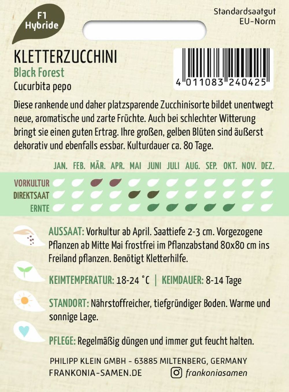 Rückseite der Verpackung des Saatgutes Kletterzucchini, Black Forest F1 der Firma Frankonia Samen von ihrgartenberater.de