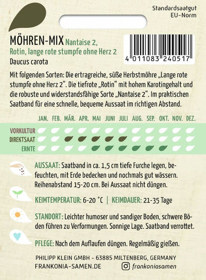 Rückseite der Verpackung des Saatgutes Möhren-Mix, Saatband der Firma Frankonia Samen von ihrgartenberater.de