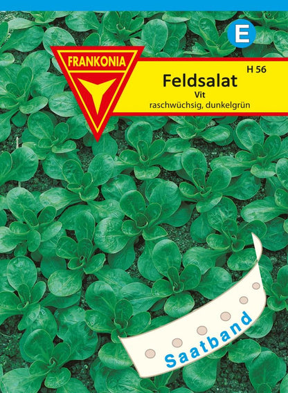 Vorderseite der Verpackung des Saatgutes Feldsalat, Vit Saatband der Firma Frankonia Samen von ihrgartenberater.de