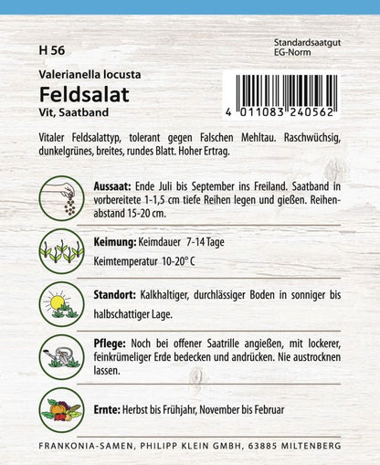 Rückseite der Verpackung des Saatgutes Feldsalat, Vit Saatband der Firma Frankonia Samen von ihrgartenberater.de