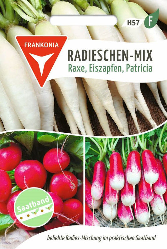 Vorderseite der Verpackung des Saatgutes Radies-Mix, Saatband der Firma Frankonia Samen von ihrgartenberater.de