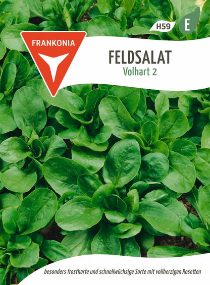 Vorderseite der Verpackung des Saatgutes Feldsalat, Dunkelgrüner Vollherziger Großp. der Firma Frankonia Samen von ihrgartenberater.de