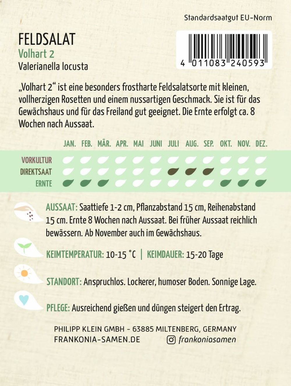 Rückseite der Verpackung des Saatgutes Feldsalat, Dunkelgrüner Vollherziger Großp. der Firma Frankonia Samen von ihrgartenberater.de