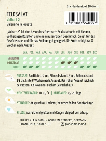 Rückseite der Verpackung des Saatgutes Feldsalat, Dunkelgrüner Vollherziger Großp. der Firma Frankonia Samen von ihrgartenberater.de