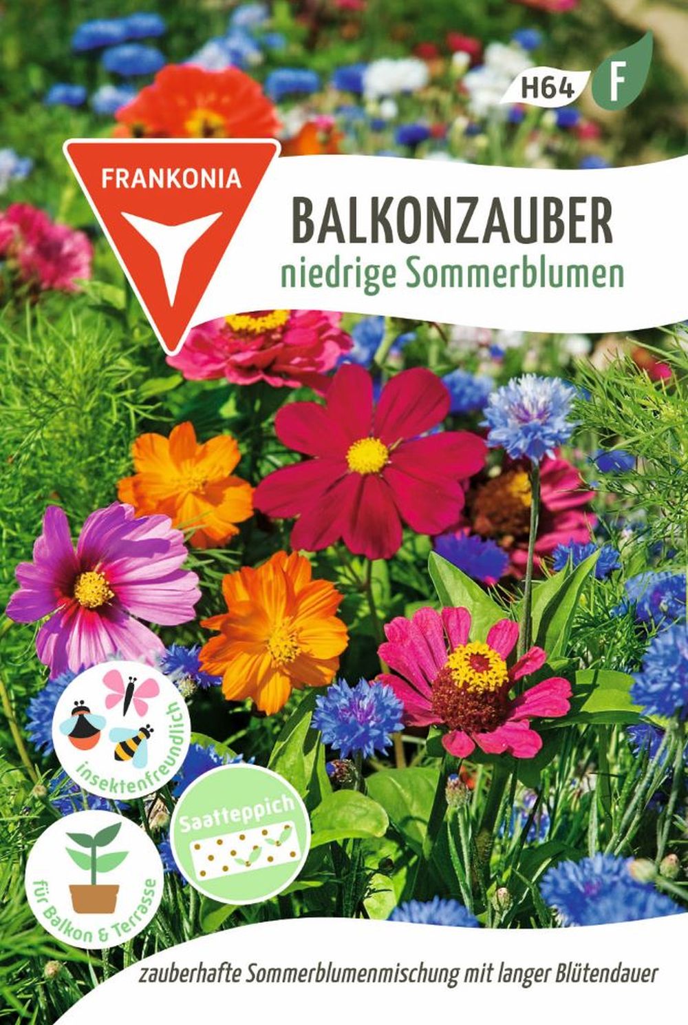 Vorderseite der Verpackung des Saatgutes Balkonzauber, niedrige Sommerblumen Saatband der Firma Frankonia Samen von ihrgartenberater.de