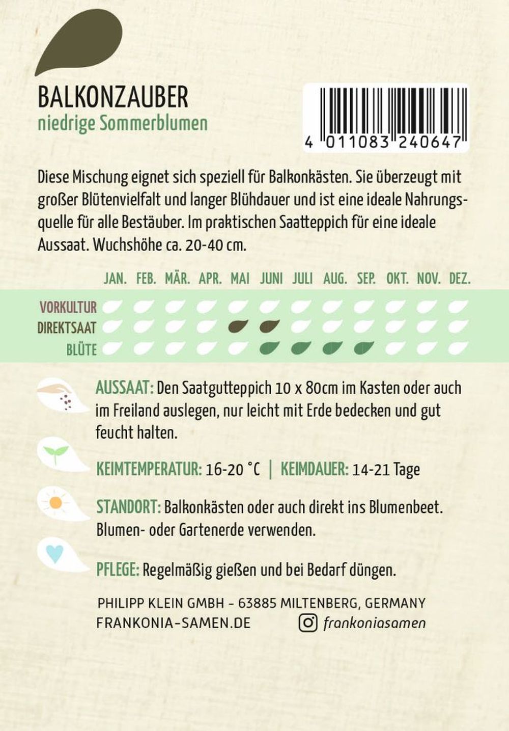 Rückseite der Verpackung des Saatgutes Balkonzauber, niedrige Sommerblumen Saatband der Firma Frankonia Samen von ihrgartenberater.de