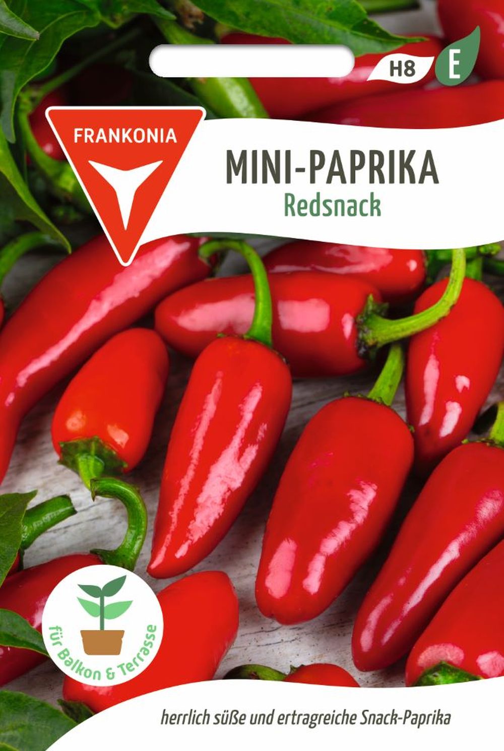 Vorderseite der Verpackung des Saatgutes Mini-Paprika, Redsnack der Firma Frankonia Samen von ihrgartenberater.de