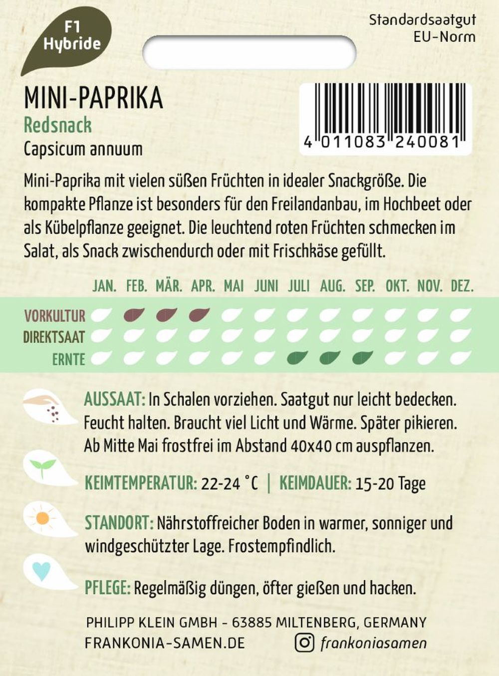 Rückseite der Verpackung des Saatgutes Mini-Paprika, Redsnack der Firma Frankonia Samen von ihrgartenberater.de