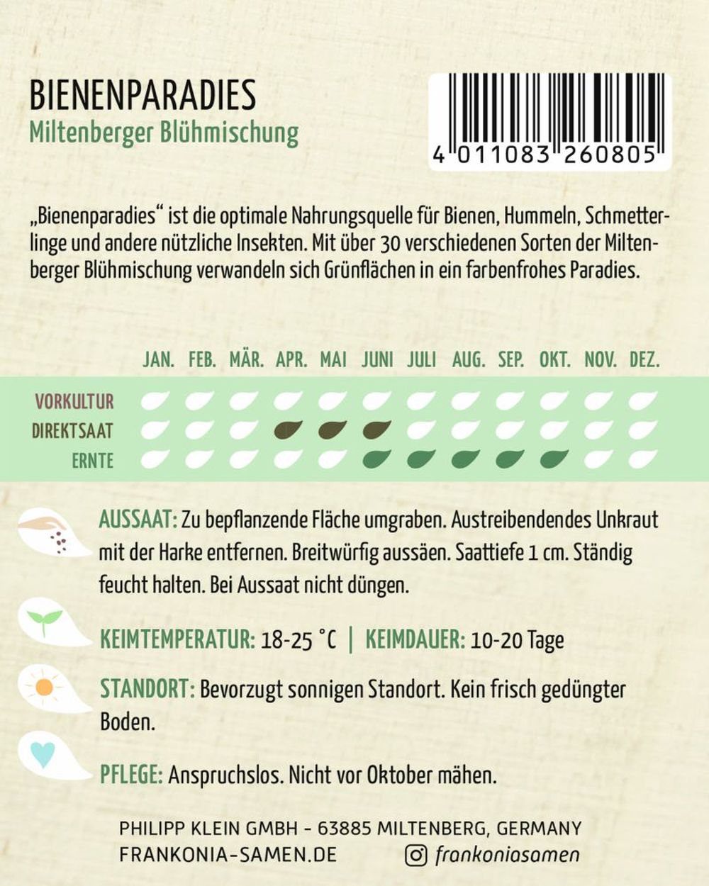 Rückseite der Verpackung des Saatgutes Bienenparadies, Miltenberger Blühmischung der Firma Frankonia Samen von ihrgartenberater.de