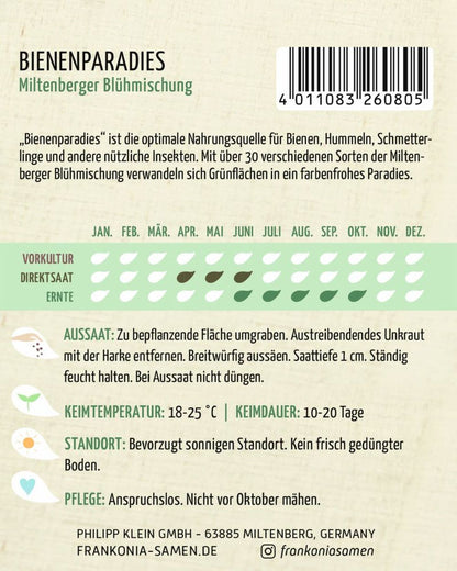 Rückseite der Verpackung des Saatgutes Bienenparadies, Miltenberger Blühmischung der Firma Frankonia Samen von ihrgartenberater.de