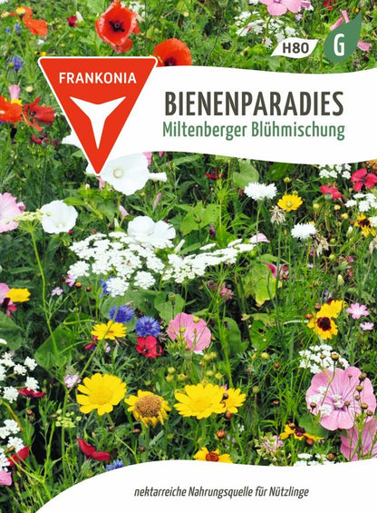 Vorderseite der Verpackung des Saatgutes Bienenparadies, Miltenberger Blühmischung der Firma Frankonia Samen von ihrgartenberater.de