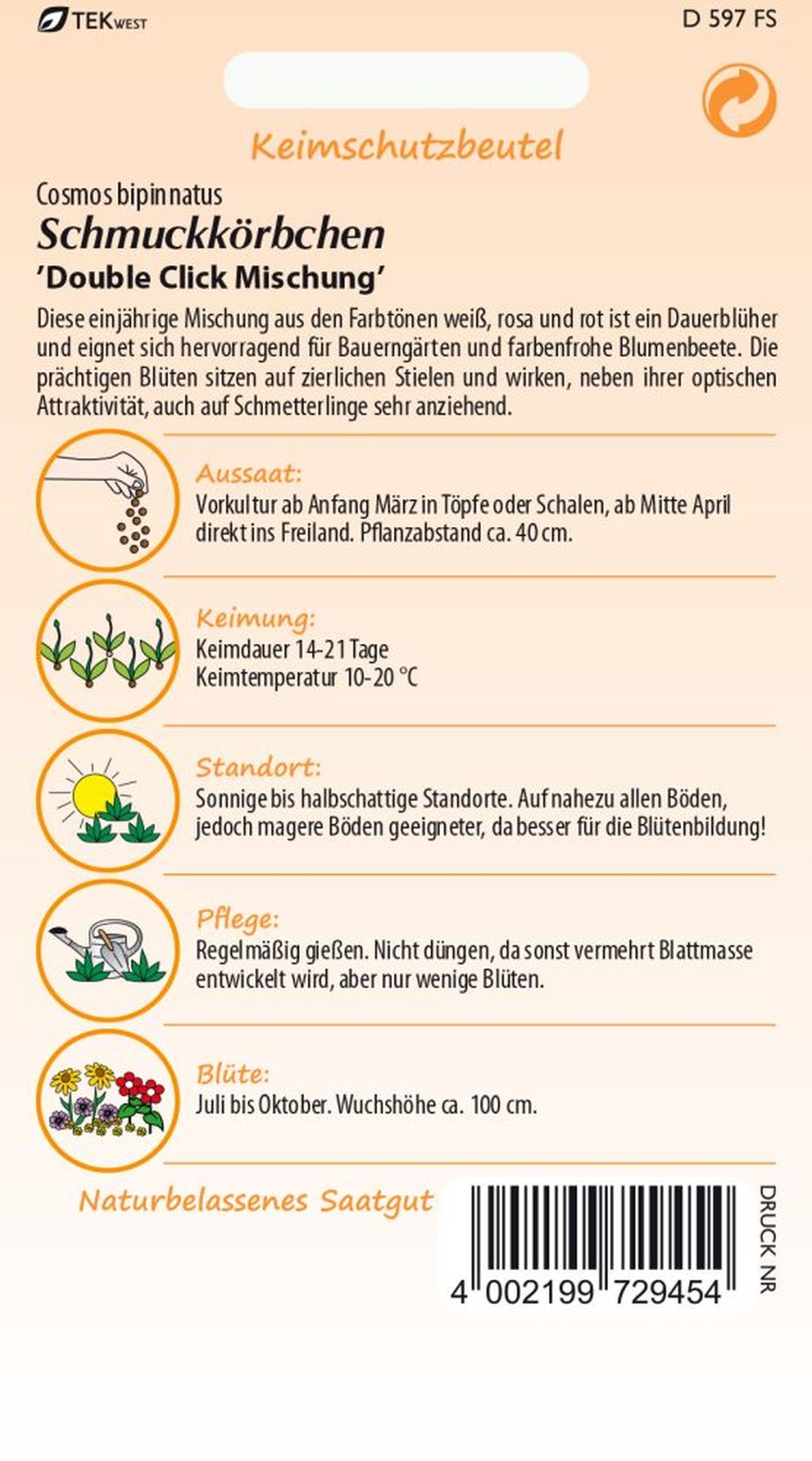 Rückseite der Verpackung des Saatgutes Schmuckkörbchen, Double Click Mix der Firma Samen Pfann von ihrgartenberater.de