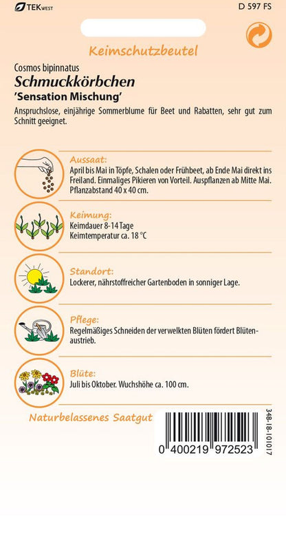 Rückseite der Verpackung des Saatgutes Schmuckkörbchen, Cosmea Mischung der Firma Samen Pfann von ihrgartenberater.de