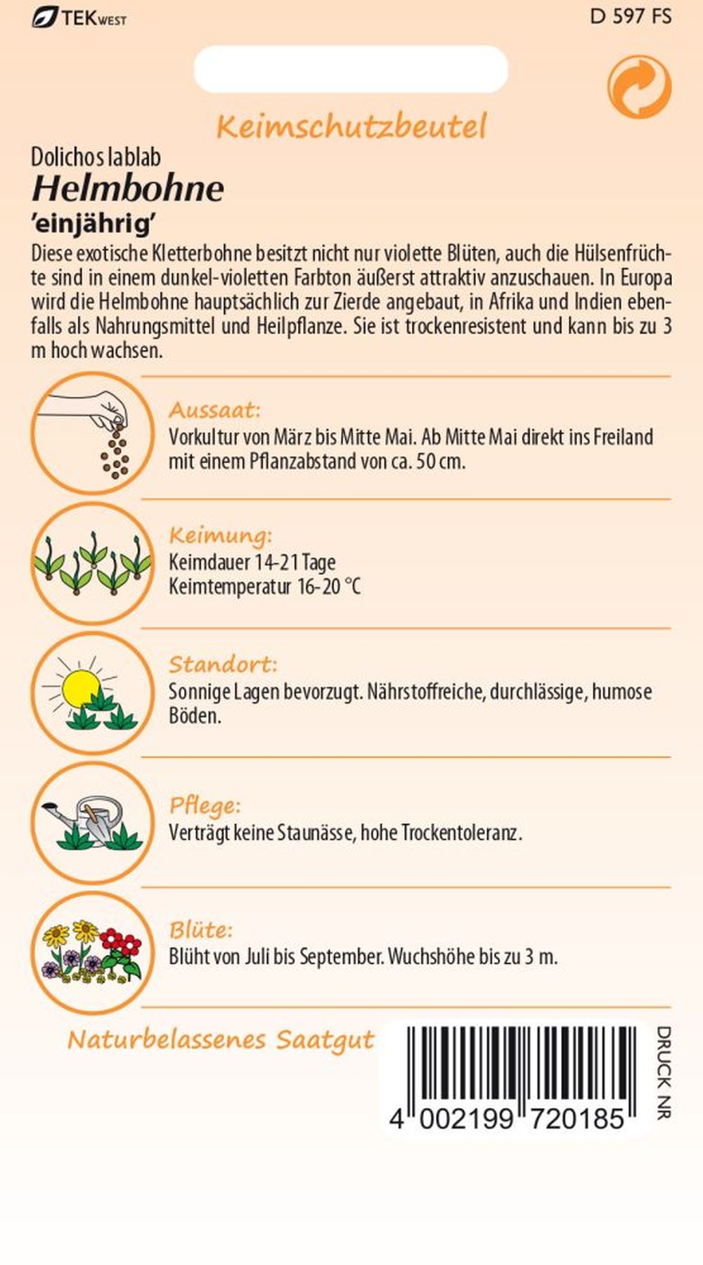 Rückseite der Verpackung des Saatgutes Helmbohne, Dolichos lablab der Firma Samen Pfann von ihrgartenberater.de