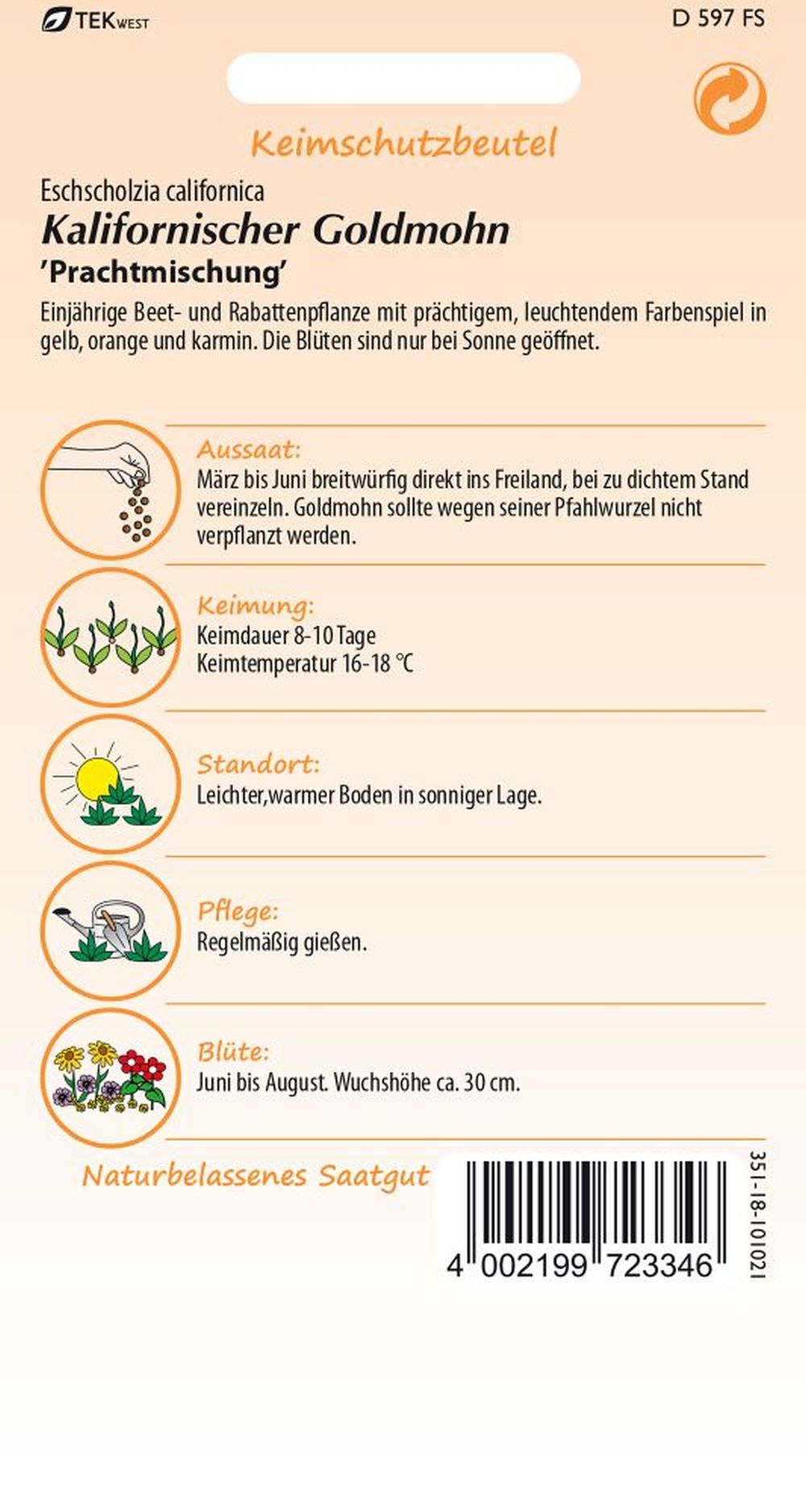 Rückseite der Verpackung des Saatgutes Mohn, Kalifornischer Goldmohn, Prachtmischung der Firma Samen Pfann von ihrgartenberater.de