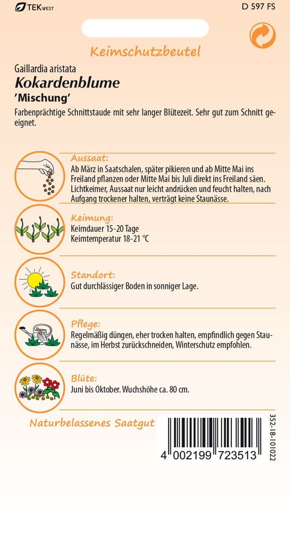 Rückseite der Verpackung des Saatgutes Kokardenblume (Gaillardia), Mischung der Firma Samen Pfann von ihrgartenberater.de