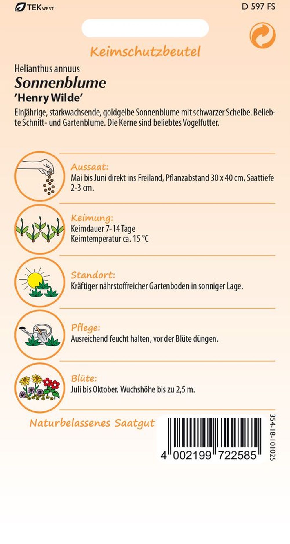 Rückseite der Verpackung des Saatgutes Sonnenblume, Henry Wilde (Goldener Neger) der Firma Samen Pfann von ihrgartenberater.de