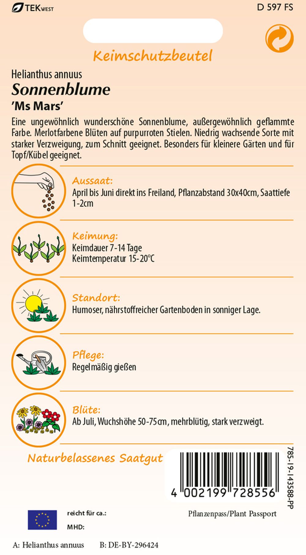 Rückseite der Verpackung des Saatgutes Sonnenblume, Ms Mars der Firma Samen Pfann von ihrgartenberater.de