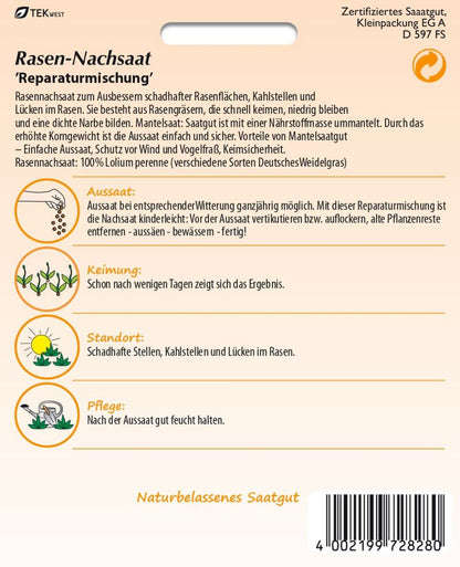 Rückseite der Verpackung des Saatgutes Rasennachsaat der Firma Samen Pfann von ihrgartenberater.de