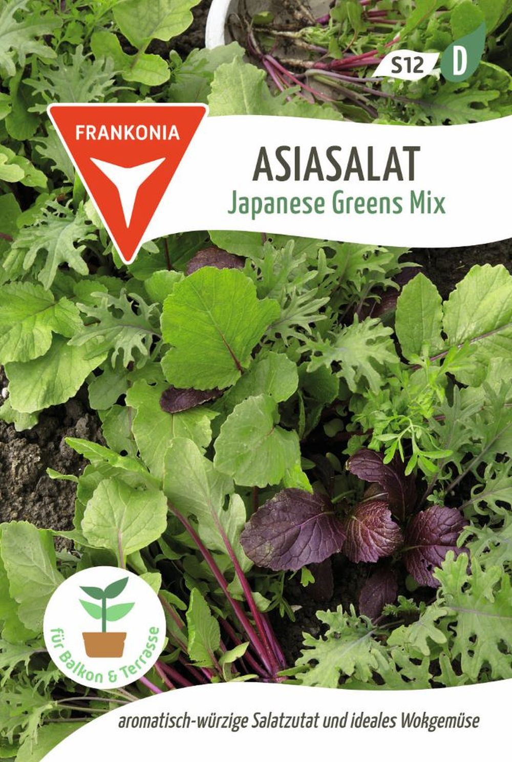 Vorderseite der Verpackung des Saatgutes Asiasalat, Japanese Greens Mix der Firma Frankonia Samen von ihrgartenberater.de