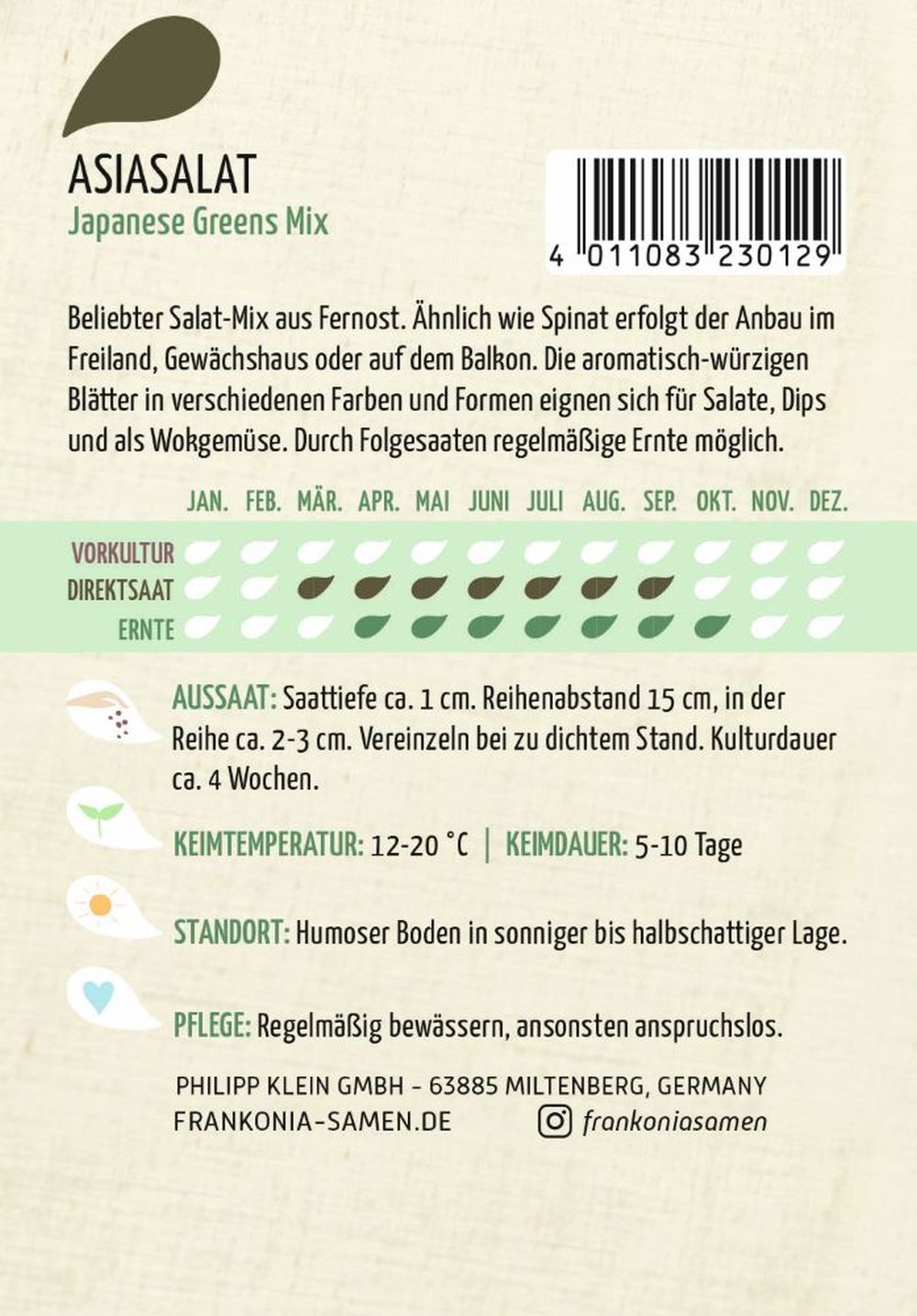 Rückseite der Verpackung des Saatgutes Asiasalat, Japanese Greens Mix der Firma Frankonia Samen von ihrgartenberater.de