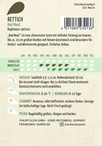 Rückseite der Verpackung des Saatgutes Rettich, Red Meat der Firma Frankonia Samen von ihrgartenberater.de