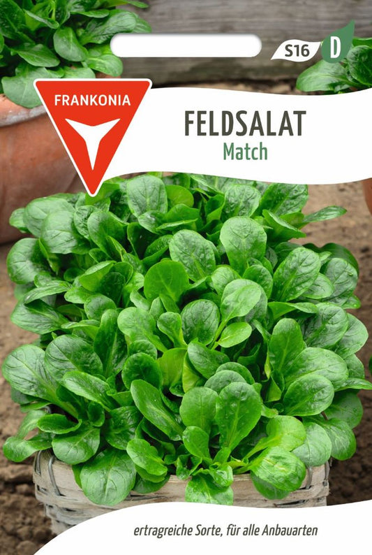 Vorderseite der Verpackung des Saatgutes Feldsalat, Match der Firma Frankonia Samen von ihrgartenberater.de