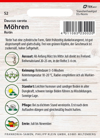 Rückseite der Verpackung des Saatgutes Möhre, Rotin der Firma Frankonia Samen von ihrgartenberater.de