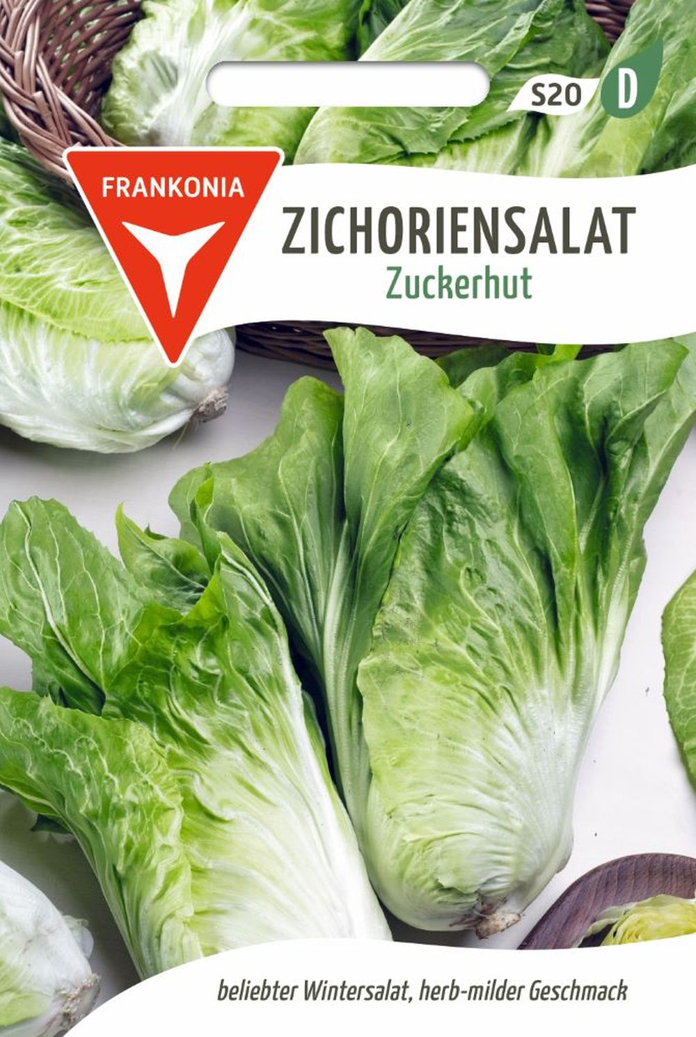 Vorderseite der Verpackung des Saatgutes Zichoriensalat, Zuckerhut der Firma Frankonia Samen von ihrgartenberater.de