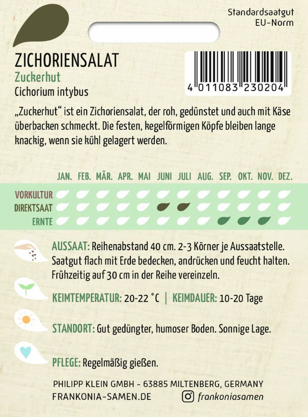 Rückseite der Verpackung des Saatgutes Zichoriensalat, Zuckerhut der Firma Frankonia Samen von ihrgartenberater.de