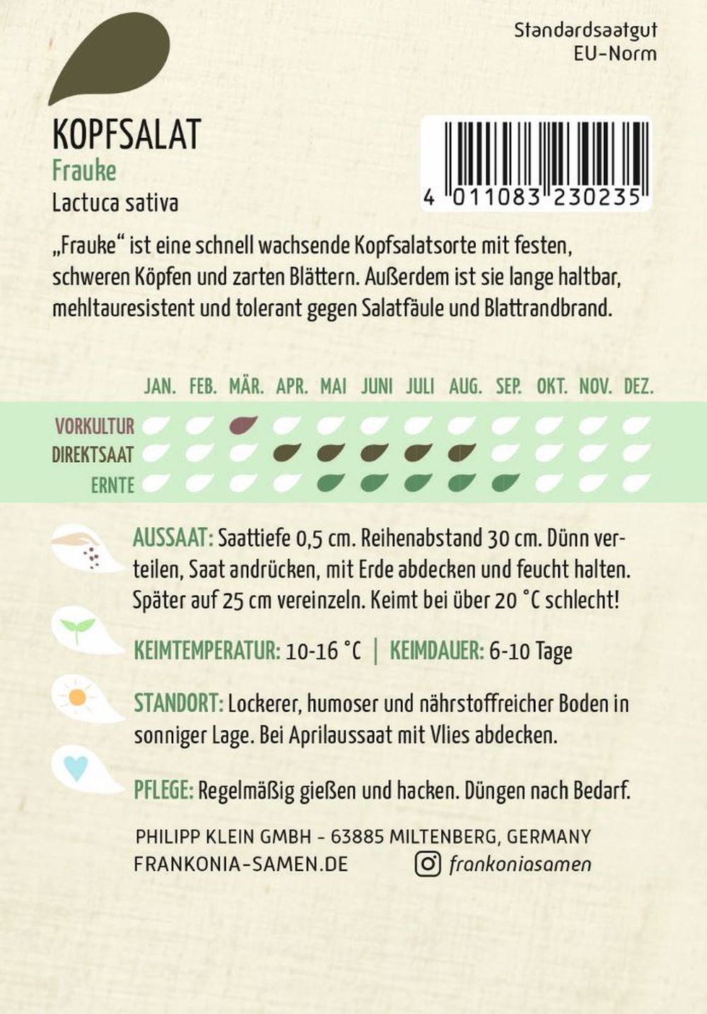 Rückseite der Verpackung des Saatgutes Kopfsalat, Frauke der Firma Frankonia Samen von ihrgartenberater.de