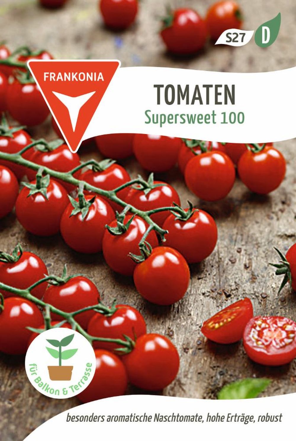 Vorderseite der Verpackung des Saatgutes Cocktailtomate, Supersweet 100 F1 der Firma Frankonia Samen von ihrgartenberater.de